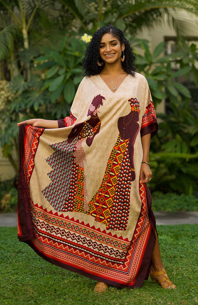 Danita Long Caftan Red Multi, Tan Ground – Caftans by Winlar