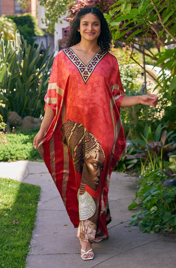 LA Leela Women's African Plus Size Dashiki Caftan Long Dress - Vibrant Red Blossom Print (2X-3X)